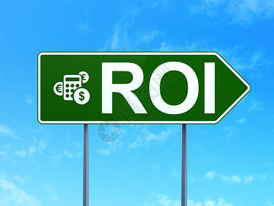商业概念 公路标志背景上的ROI和计算器图片