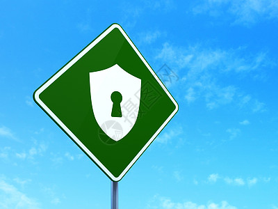 隐私概念 路边有钥匙洞的盾牌标志背景安全蓝色小路导航裂缝互联网邮政路标代码指导图片