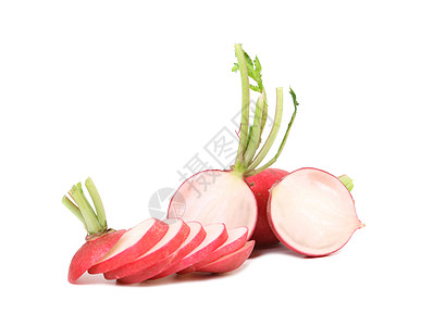 新鲜切片的萝卜和整齐红色营养植物沙拉食物蔬菜生产白色半径叶子图片