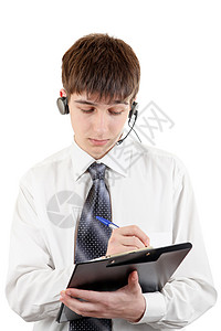带耳机和剪贴板的青少年衬衫呼唤说话手势演讲领带中心参考商业话语图片