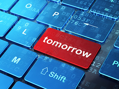 时间线概念 明天在计算机键盘背景上日程白色红色蓝色代码按钮展示倒数钥匙历史图片
