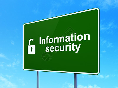 安全概念 信息安全和路标标志背景的开放式挂隔路卡图片