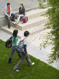 大学草坪上朋友的高角度视野(高角度)图片