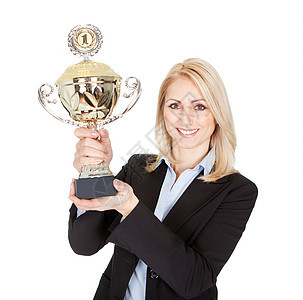 女商务人士赢得奖杯工人杯子优胜者黑色商务商业冠军人士白色女士图片