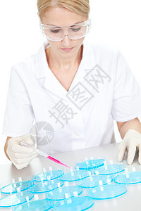 利用食用盘子做实验的研究员试剂女性医生药品蓝色科学吸管科学家安全化学品图片