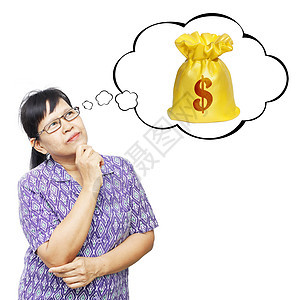 亚裔高龄女性想钱袋商业白色微笑女士思维思考气泡气球幸福图片