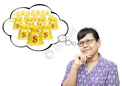 亚裔高龄妇女对金钱的思考微笑白色投资气泡女士金融幸福商业气球硬币图片