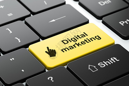 广告概念 关于计算机键盘背景的鼠标光标和数字市场营销图片