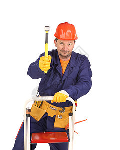 铁锤梯子工人职业工业橙子锤子工作白色男人员工服务建筑图片