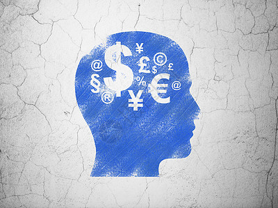 商业概念头与金融符号在墙上背景交易伙伴水泥战略头脑生意领导领导者货币思考背景图片