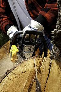 对带电锯的伐木工人的近视图片