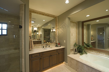 现代洗手间和浴浴缸及平面镜子的风景图片