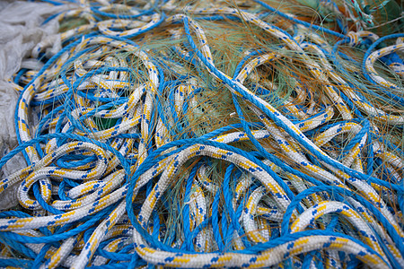 渔网和绳索详情团体设备视图蓝色捕鱼绿色橙子钓鱼渔业图片