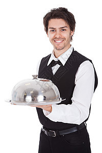 有领结和托盘的管家肖像盘子仆人工作室服务员套装工作服务微笑礼物餐厅图片
