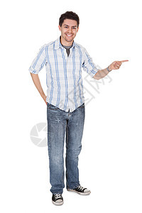 微笑的年轻男子男性男人格子相机臀部白色成人青年手势牛仔裤图片