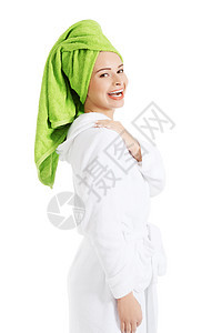 戴头巾和浴袍的美女护理女士成人浴衣美容师身体治疗微笑化妆品皮肤图片