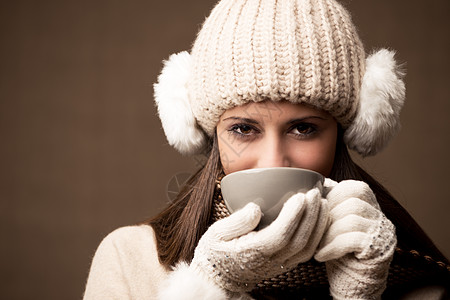 茶空间冬天帽子咖啡女性女子热饮早餐女士手套衣服饮食背景