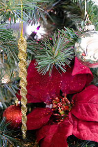 树上圣诞装饰短袜礼物假期薄片装饰品快乐丝带木头金子盒子图片