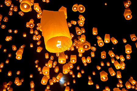 灯笼插画泰国飞天灯火焰庆典月亮宗教天空空气橙子气球飞行蜡烛背景
