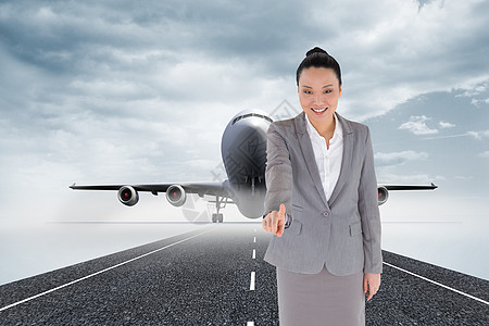 商务飞机Asian商业女商务人士的复合形象假期计算机女性天空微笑手势手指跑道飞机人士背景