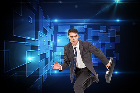 高利贷中严酷商务人士的复杂形象绘图夹克领带技术人士公文包蓝色穿越未来派计算机图片