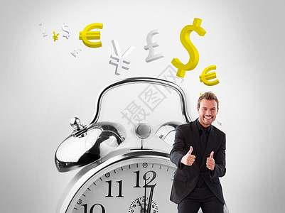 时间与金钱商业界人士在一次会议上举起大拇指的复合形象男人商务计算机男性货币绘图套装衬衫闹钟金属背景