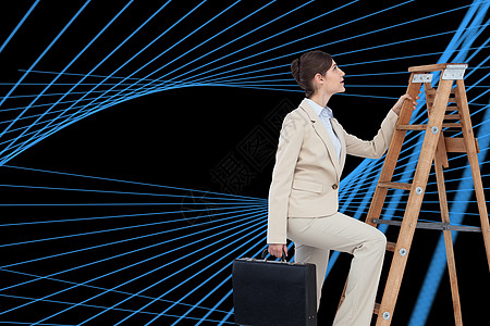 商业妇女用公文包攀上职业阶梯的复合形象计算机蓝色曲线人士女性套装商务倾斜漩涡线条图片