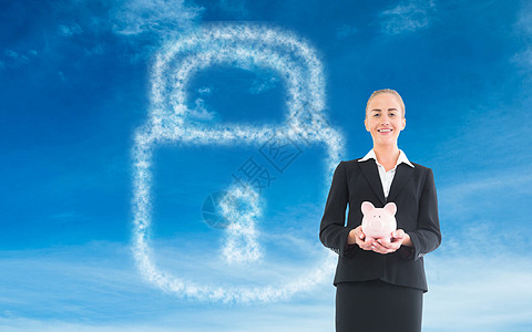 拥有粉红猪银行的女商务人士的综合形象计算机储蓄晴天快乐职业头发浅色云计算蓝天数据图片