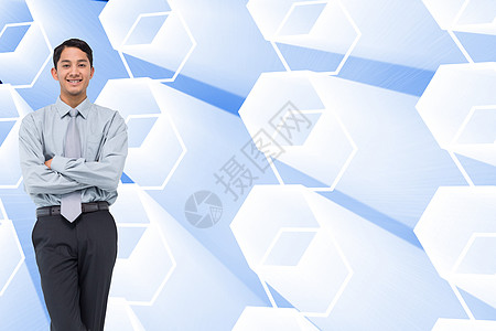 笑笑的亚洲商务人士的复合形象计算机白色短发微笑蓝色职业未来派控制板衬衫商业图片