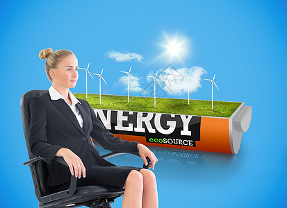 黑西装女商务人士坐在摇摇椅上的综合形象 AC 54970 附件旋转蓝色天空电池涡轮人士职业浅色节能草地图片
