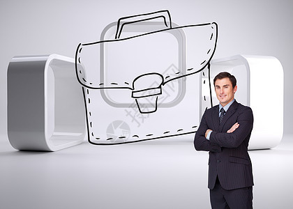 青年商务人士交叉武装站立的复合形象图象双臂人士计算机灰色屏幕男人棕色微笑领带商务图片