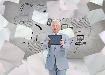老板显示触摸垫屏幕的复合图像男性电脑床单头脑风暴商业套装微笑绘图笔记本图片