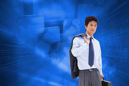 一名商务人士拿着公文包和肩膀上夹克的画像综合图象男人屏幕棕色男性蓝色商业计算绘图技术数字图片