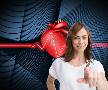 手势心吸引人褐色指针的复合图像绘图快乐微笑蓝色衬衫商业心脏病学手势人士女性背景