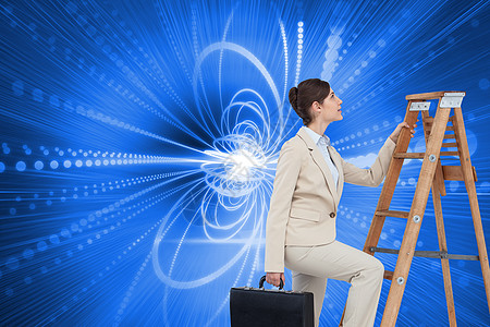 商业妇女用公文包攀上职业阶梯的复合形象人士棕色女士梯子微笑技术辉光蓝色计算机隧道图片