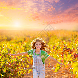 西班牙酒庄秋天在葡萄园田里跑的女农民女孩太阳衬套植物快乐树叶国家水果孩子们收成日落背景