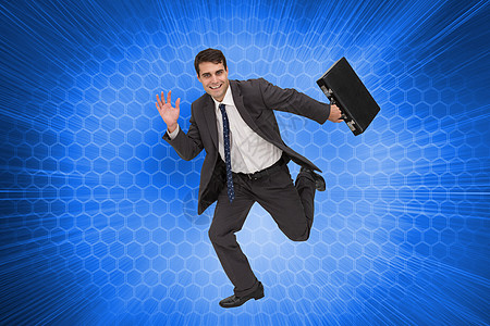 喜悦的商务人士在豪华经济中的综合形象蓝色技术公文包快乐计算机男性微笑跑步绘图商务图片