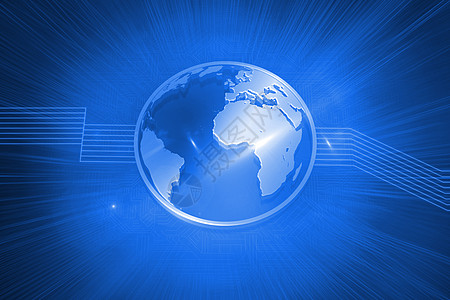 蓝色背景的闪光地球国际未来派数字绘图辉光范围世界全球技术计算机图片