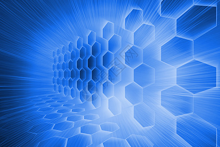 蓝色背景上的未来六边形绘图白色计算机辉光几何未来派线条数字技术图片
