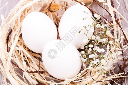 巢中纯净的复活节鸡蛋鸡蛋稻草蛋壳季节花朵节日问候语满天星愿望童年图片