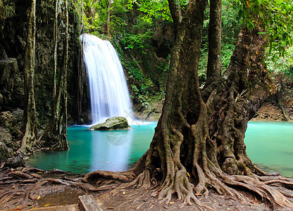 位于的埃拉旺国家公园美丽的瀑布热带公园假期荒野丛林运动木头溪流森林天堂图片