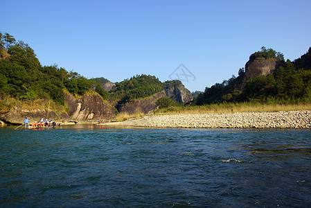 中国武伊山的竹子木筏风景爬坡顶峰旅行蓝色支撑吸引力假期漂流国家图片