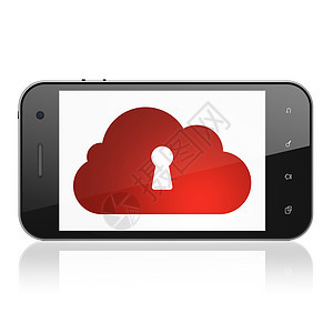 云计算概念 在智能手机上用有键孔的云细胞数据互联网网站安全隐私服务器网络电脑锁孔图片