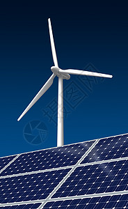 风力涡轮和太阳能电池板电气科学生态控制板活力蓝色金属白色环境技术图片