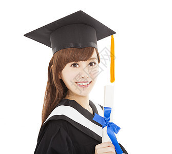 持有和颁发文凭的年轻女研究生学生人数快乐裙子成人教育毕业生女性学校成就微笑长袍图片