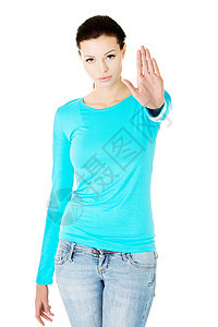 美丽的随意女人 表现出停止的手势商业白色黑发成人管理人员棕榈青少年女性女士女孩图片