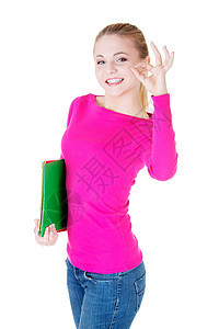 年轻女学生表现的不错 手势很好幸福成人教育工作室拇指女性微笑快乐大学职业图片