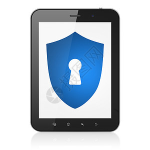 安全概念 在平板电脑上用钥匙孔遮蔽盾牌犯罪政策裂缝代码网络隐私密码黑色保卫蓝色背景图片