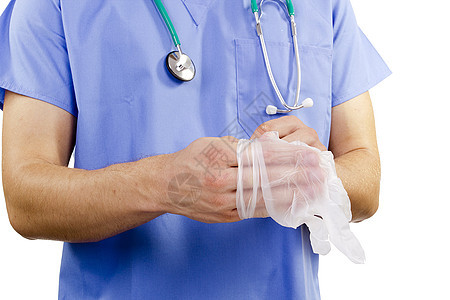 医生戴上手套白色手指裙子愈合男人医疗保健蓝色微笑乳胶图片