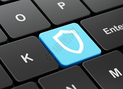 计算机键盘背景上的安全概念轮廓盾黑色保卫蓝色政策密码钥匙攻击白色数据按钮图片